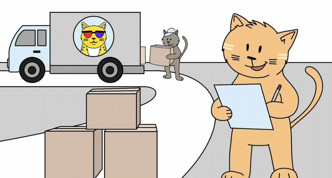 Кот с планшетом принимает посылки у фургона yellowCat
